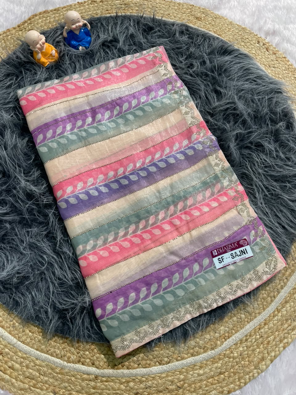SF-SAJNI FENDI FABRIC SAREEN WITH BEAUTIFUL TRENDING SAREE WITH BEADS WORK WITH LEHARIYA DESIGN WITH DMC SIROSKI WORK HEAVY WORK BLOUSE