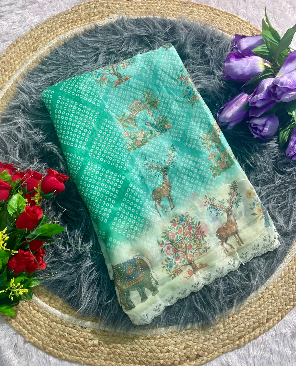 BS-GOLDSTAR FENDI SATIN FABRIC SAREE WITH BEAUTIFUL DESIGN WITH DIGITAL PRINT WITH DMC SIROSKI WORK WITH CUTWORK WITH GAJRAJ AND BIRD DESIGN WITH BLOUSE