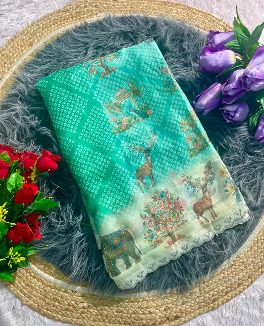 BS-GOLDSTAR FENDI SATIN FABRIC SAREE WITH BEAUTIFUL DESIGN WITH DIGITAL PRINT WITH DMC SIROSKI WORK WITH CUTWORK WITH GAJRAJ AND BIRD DESIGN WITH BLOUSE