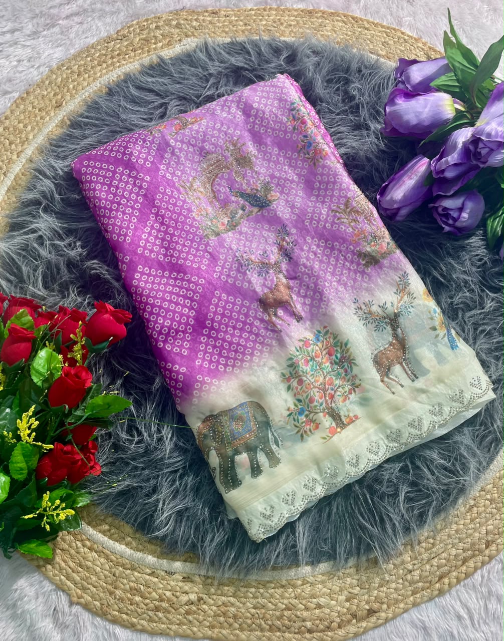 BS-GOLDSTAR FENDI SATIN FABRIC SAREE WITH BEAUTIFUL DESIGN WITH DIGITAL PRINT WITH DMC SIROSKI WORK WITH CUTWORK WITH GAJRAJ AND BIRD DESIGN WITH BLOUSE