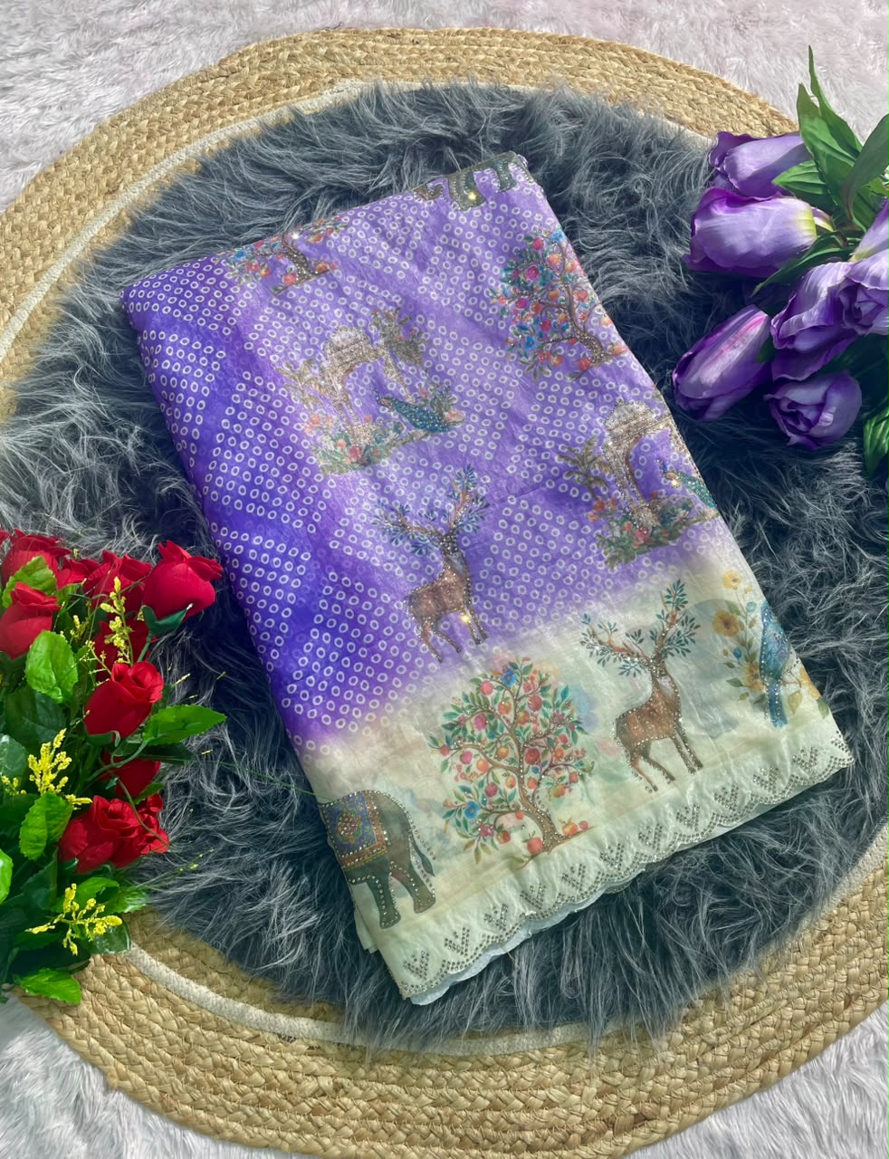 BS-GOLDSTAR FENDI SATIN FABRIC SAREE WITH BEAUTIFUL DESIGN WITH DIGITAL PRINT WITH DMC SIROSKI WORK WITH CUTWORK WITH GAJRAJ AND BIRD DESIGN WITH BLOUSE
