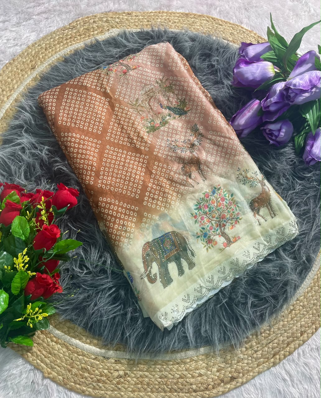 BS-GOLDSTAR FENDI SATIN FABRIC SAREE WITH BEAUTIFUL DESIGN WITH DIGITAL PRINT WITH DMC SIROSKI WORK WITH CUTWORK WITH GAJRAJ AND BIRD DESIGN WITH BLOUSE