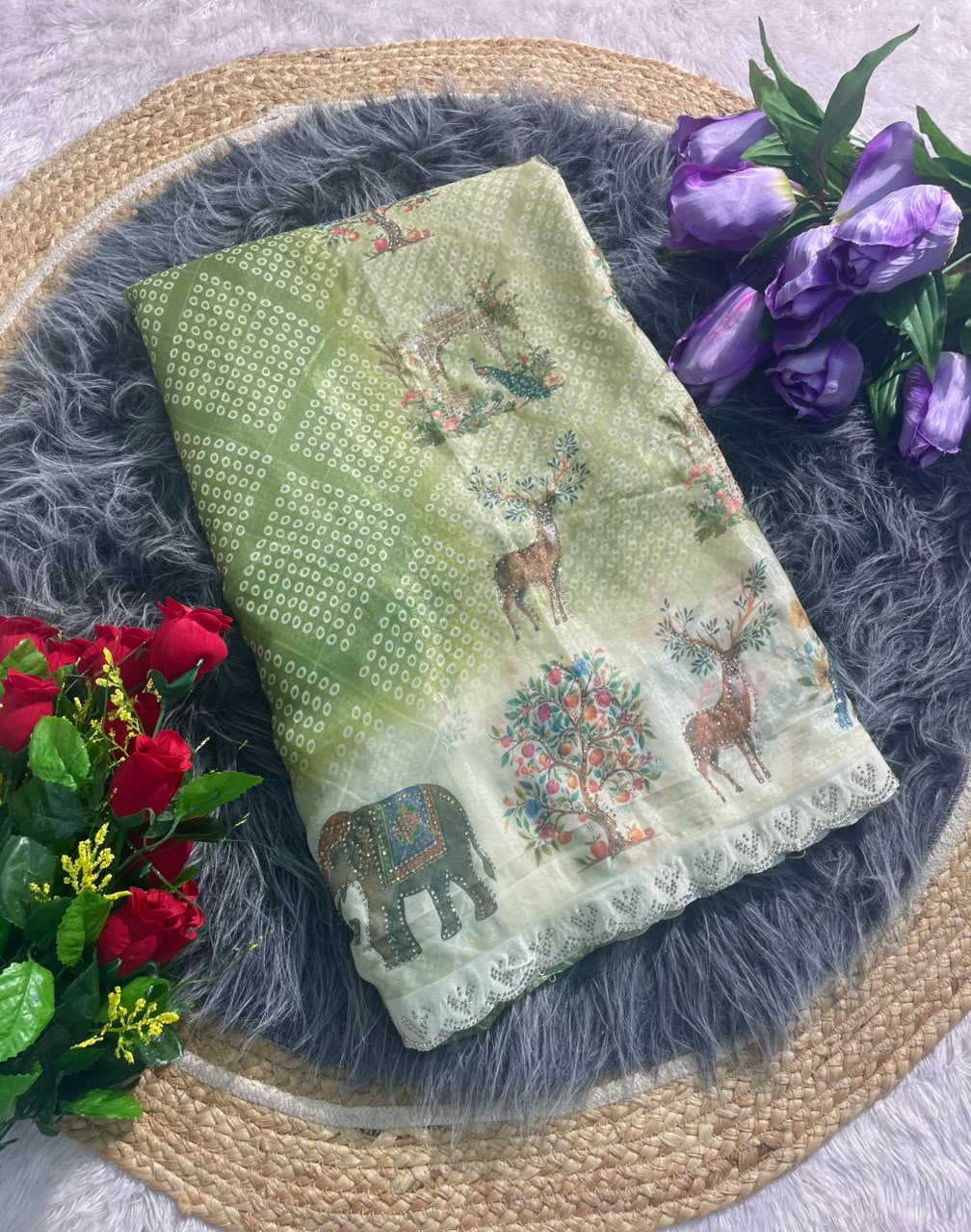 BS-GOLDSTAR FENDI SATIN FABRIC SAREE WITH BEAUTIFUL DESIGN WITH DIGITAL PRINT WITH DMC SIROSKI WORK WITH CUTWORK WITH GAJRAJ AND BIRD DESIGN WITH BLOUSE