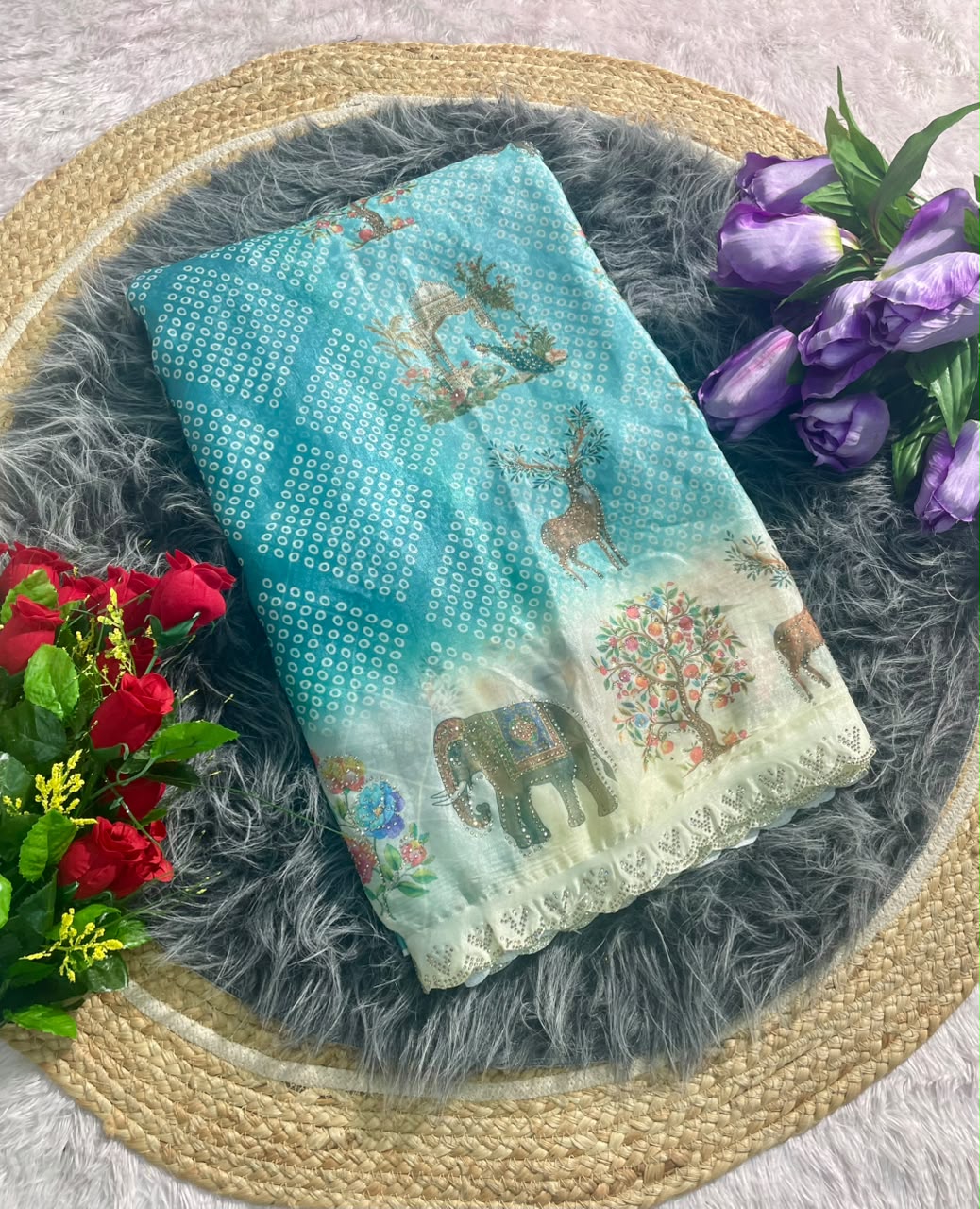 BS-GOLDSTAR FENDI SATIN FABRIC SAREE WITH BEAUTIFUL DESIGN WITH DIGITAL PRINT WITH DMC SIROSKI WORK WITH CUTWORK WITH GAJRAJ AND BIRD DESIGN WITH BLOUSE