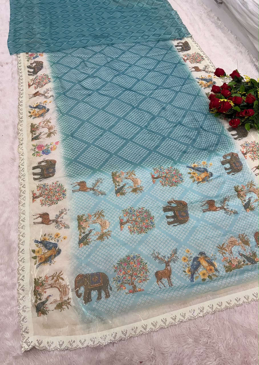 BS-GOLDSTAR FENDI SATIN FABRIC SAREE WITH BEAUTIFUL DESIGN WITH DIGITAL PRINT WITH DMC SIROSKI WORK WITH CUTWORK WITH GAJRAJ AND BIRD DESIGN WITH BLOUSE