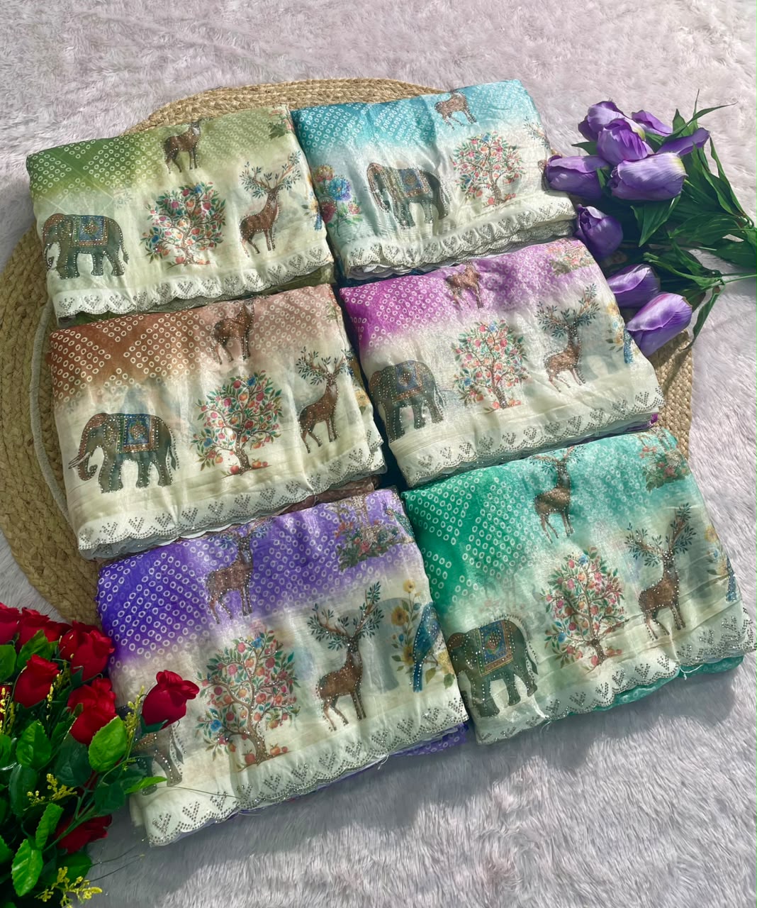 BS-GOLDSTAR FENDI SATIN FABRIC SAREE WITH BEAUTIFUL DESIGN WITH DIGITAL PRINT WITH DMC SIROSKI WORK WITH CUTWORK WITH GAJRAJ AND BIRD DESIGN WITH BLOUSE