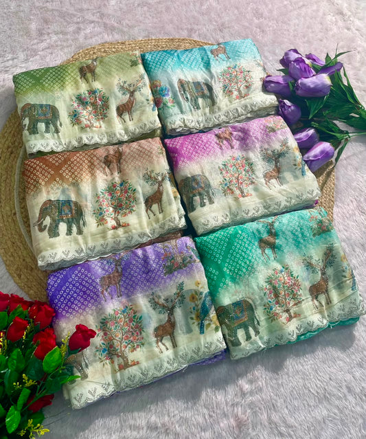 BS-GOLDSTAR FENDI SATIN FABRIC SAREE WITH BEAUTIFUL DESIGN WITH DIGITAL PRINT WITH DMC SIROSKI WORK WITH CUTWORK WITH GAJRAJ AND BIRD DESIGN WITH BLOUSE