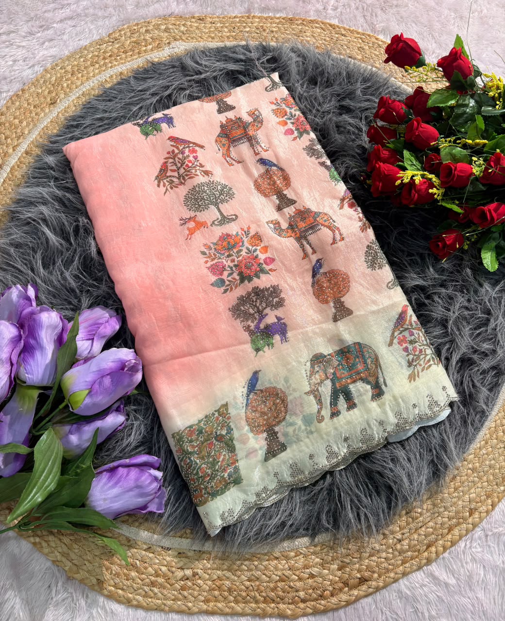 BS-DZIRE FENDI SATIN FABRIC SAREE WITH BEAUTIFUL DESIGN WITH DIGITAL PRINT WITH DMC SIROSKI WORK WITH CUTWORK WITH GAJRAJ AND BIRD DESIGN WITH BLOUSE