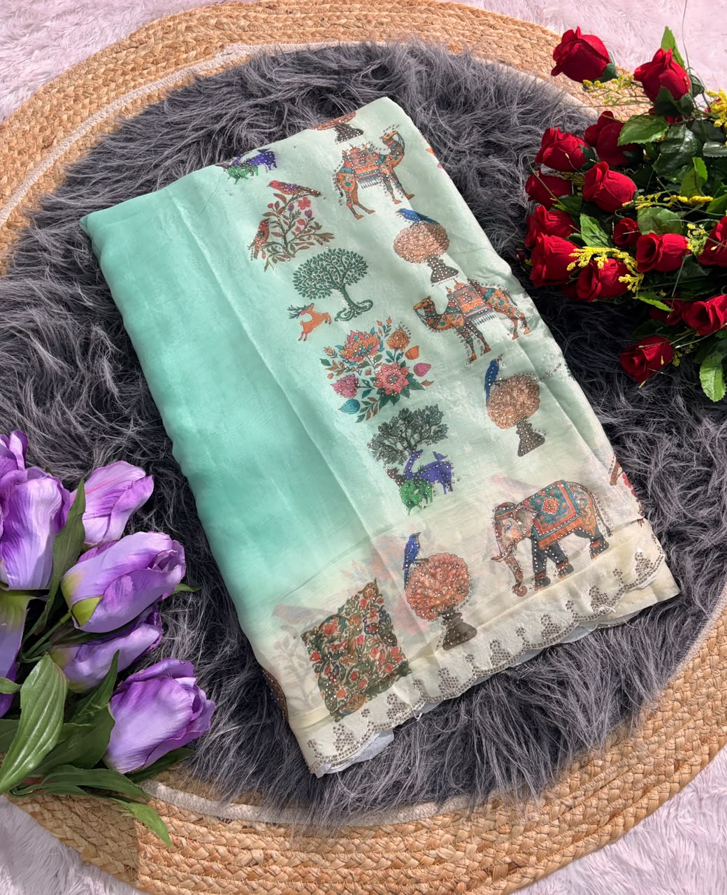BS-DZIRE FENDI SATIN FABRIC SAREE WITH BEAUTIFUL DESIGN WITH DIGITAL PRINT WITH DMC SIROSKI WORK WITH CUTWORK WITH GAJRAJ AND BIRD DESIGN WITH BLOUSE