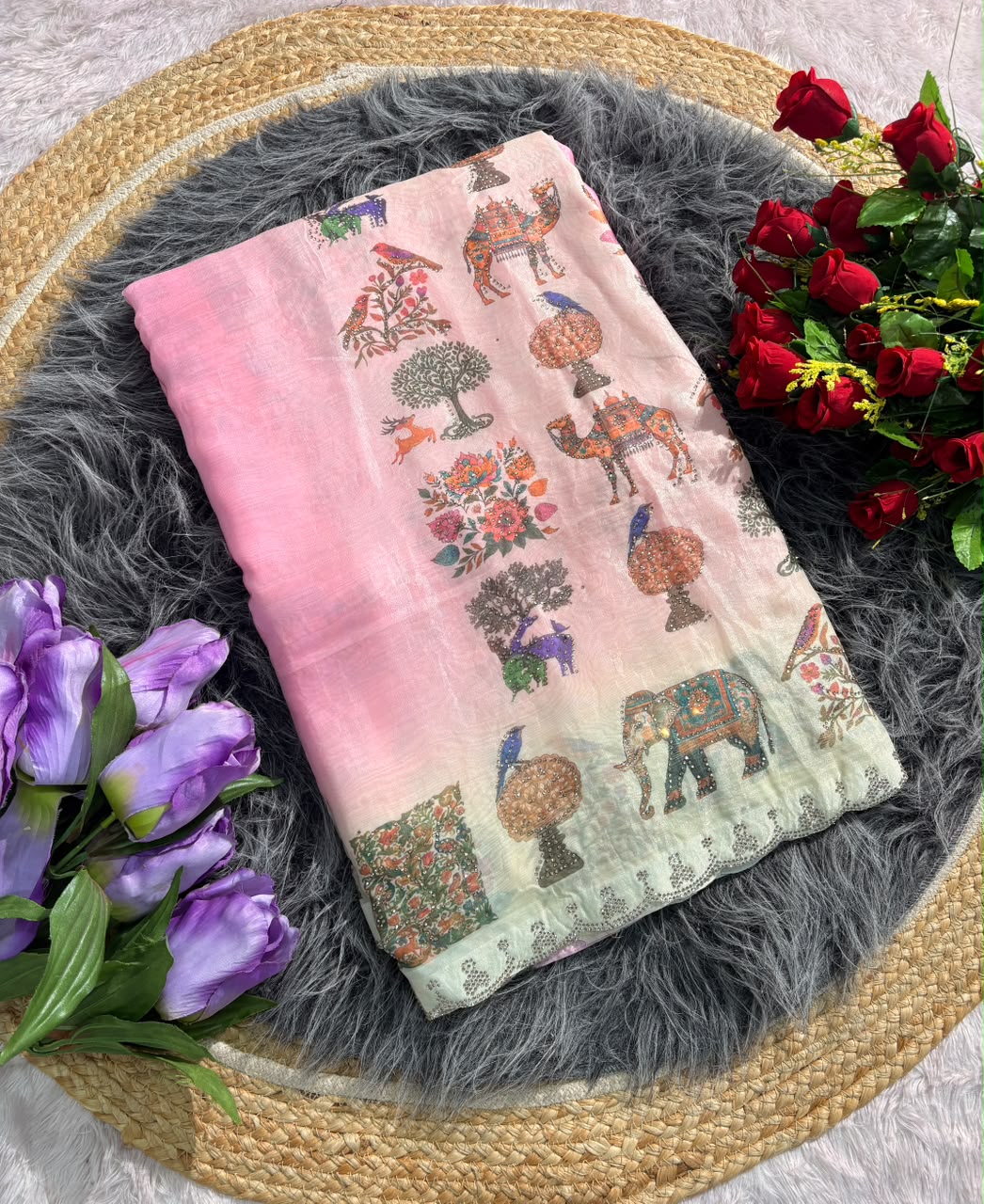 BS-DZIRE FENDI SATIN FABRIC SAREE WITH BEAUTIFUL DESIGN WITH DIGITAL PRINT WITH DMC SIROSKI WORK WITH CUTWORK WITH GAJRAJ AND BIRD DESIGN WITH BLOUSE