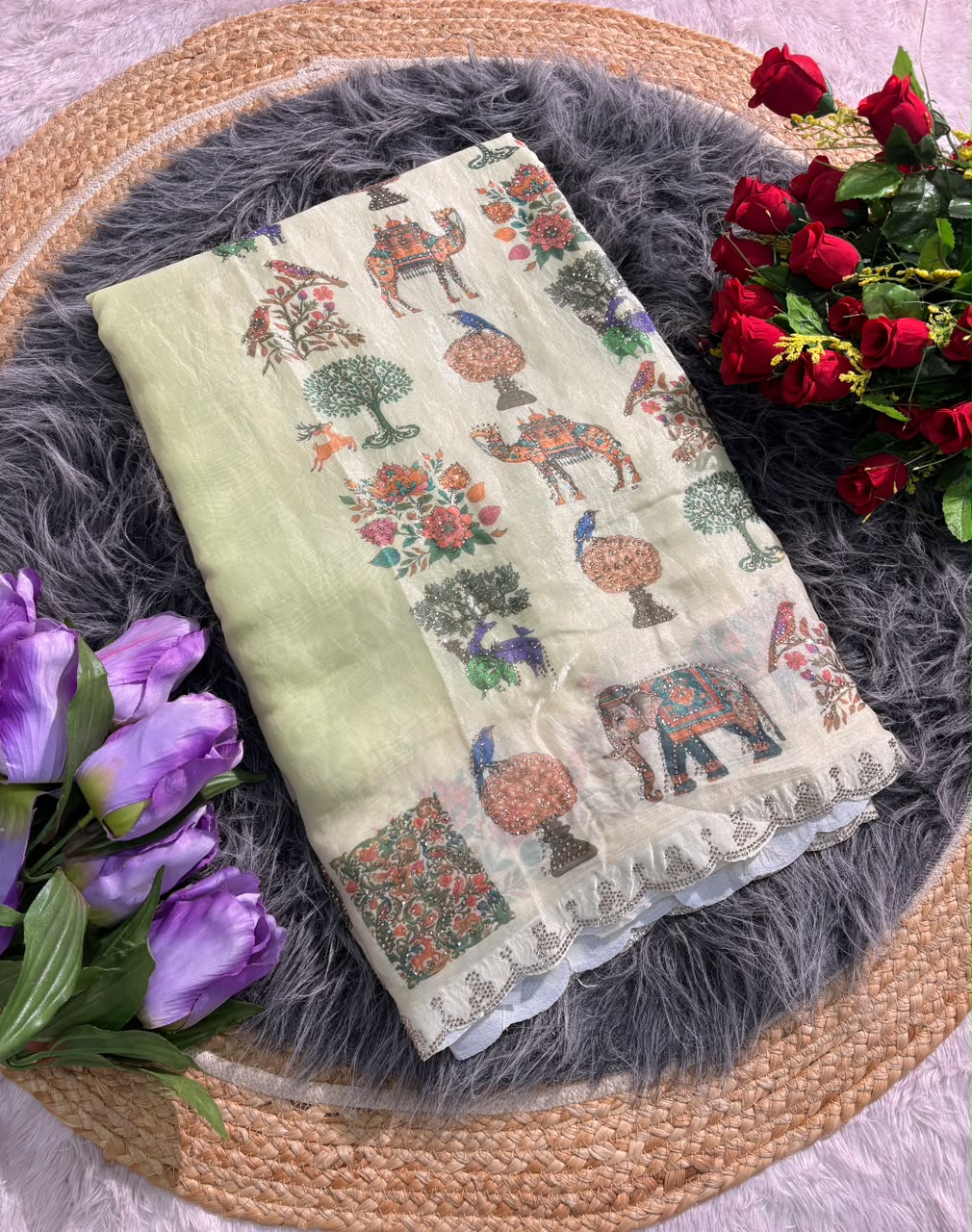 BS-DZIRE FENDI SATIN FABRIC SAREE WITH BEAUTIFUL DESIGN WITH DIGITAL PRINT WITH DMC SIROSKI WORK WITH CUTWORK WITH GAJRAJ AND BIRD DESIGN WITH BLOUSE