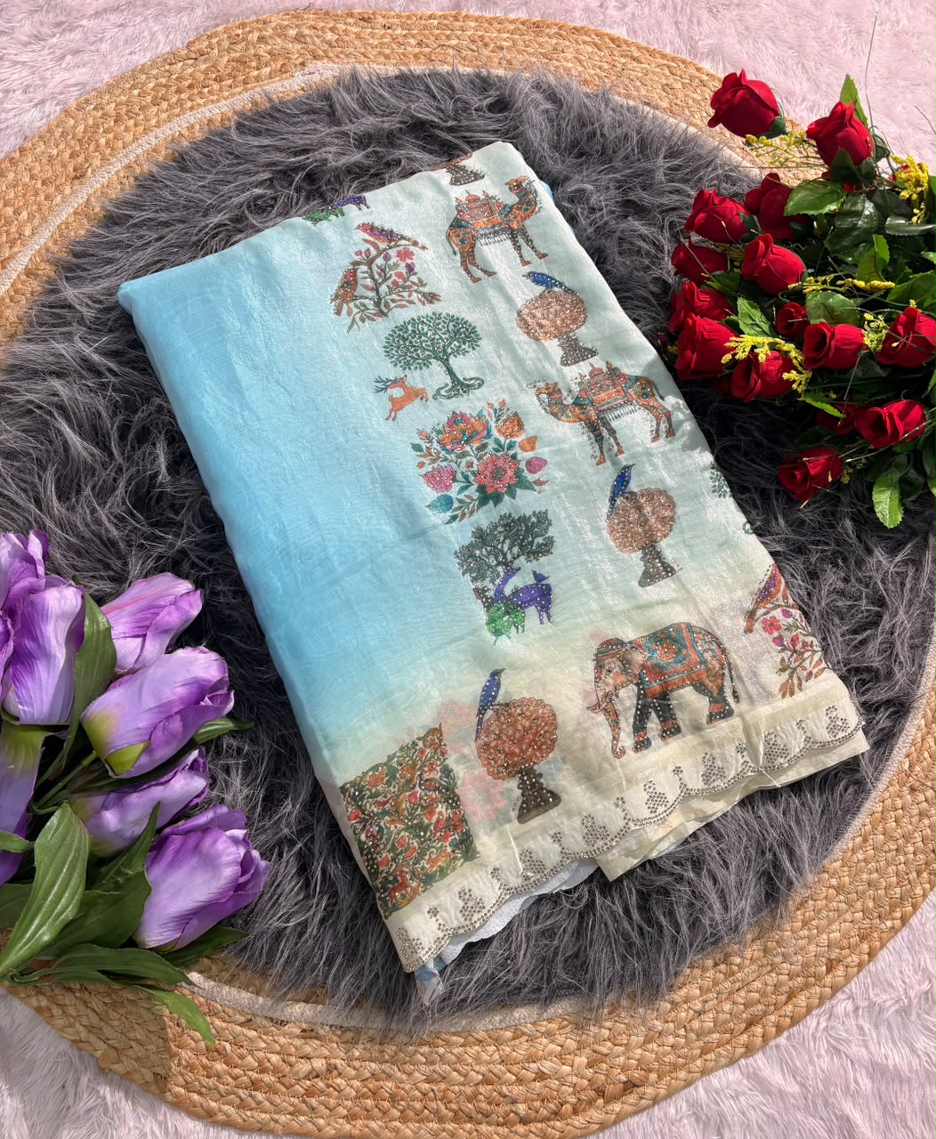 BS-DZIRE FENDI SATIN FABRIC SAREE WITH BEAUTIFUL DESIGN WITH DIGITAL PRINT WITH DMC SIROSKI WORK WITH CUTWORK WITH GAJRAJ AND BIRD DESIGN WITH BLOUSE