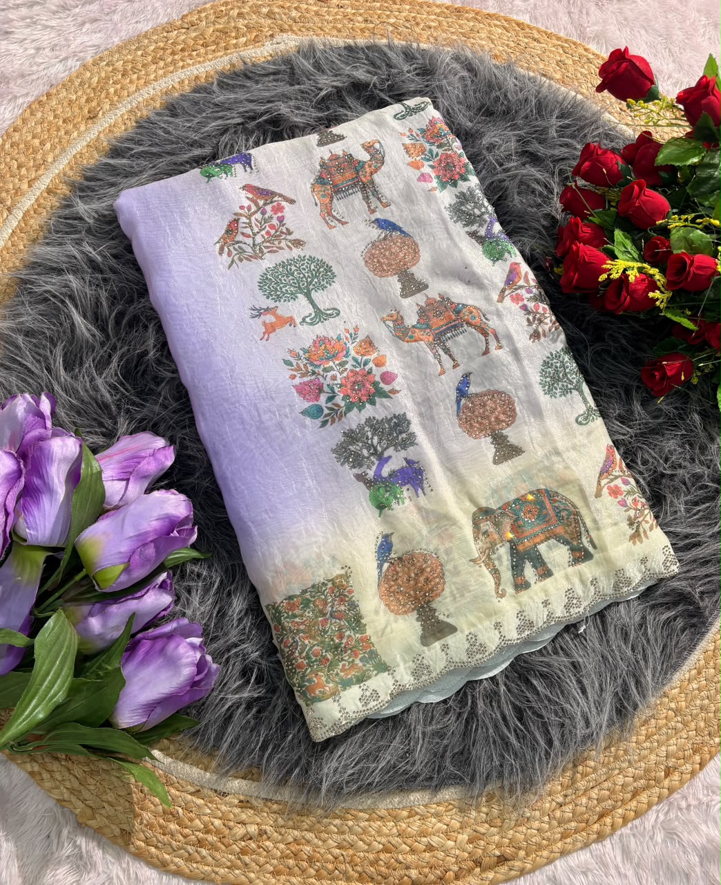 BS-DZIRE FENDI SATIN FABRIC SAREE WITH BEAUTIFUL DESIGN WITH DIGITAL PRINT WITH DMC SIROSKI WORK WITH CUTWORK WITH GAJRAJ AND BIRD DESIGN WITH BLOUSE