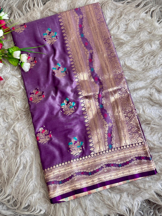 SA-5109 SATIN SILK FABRIC SAREE WITH RICH JACQUARD ZARI WEAVING PALLU WITH HEAVY TRADITIONAL ZARI WOVEN BORDER AND RICH GOLD ZARI WEAVING WITH COLORFUL BUTTI DESIGN