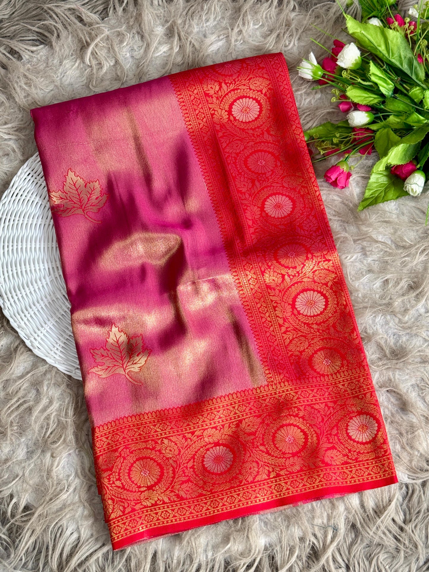 SA-5111 TISSUE SILK FABRIC SAREE WITH RICH JACQUARD ZARI WEAVING PALLU WITH  HEAVY CONTRAST ZARI WOVEN BORDER WITH LEGANT GOLD ZARI LEAF BUTTI WEAVING