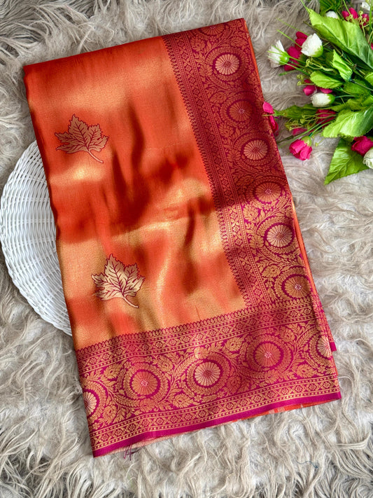 SA-5111 TISSUE SILK FABRIC SAREE WITH RICH JACQUARD ZARI WEAVING PALLU WITH  HEAVY CONTRAST ZARI WOVEN BORDER WITH LEGANT GOLD ZARI LEAF BUTTI WEAVING