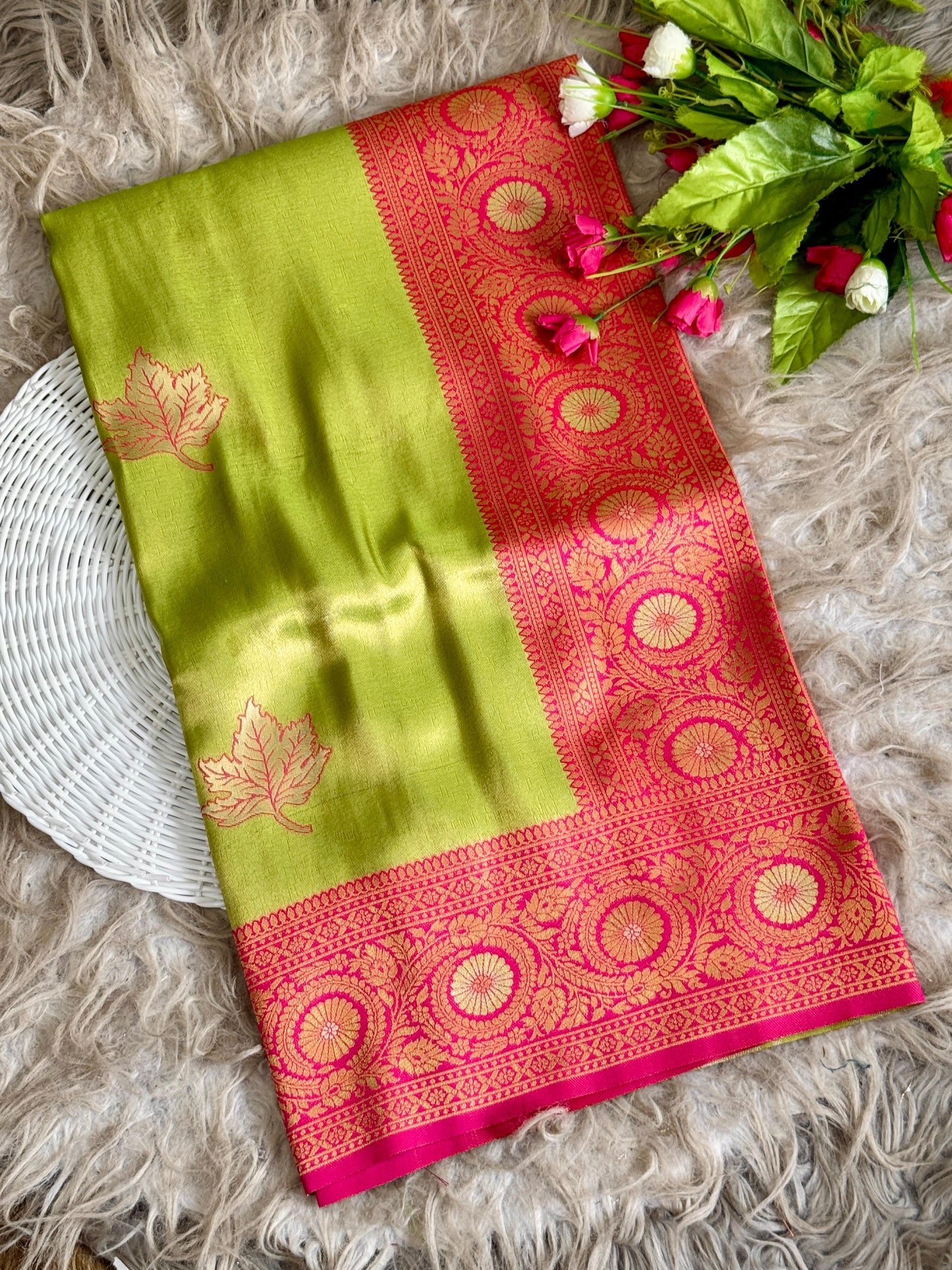 SA-5111 TISSUE SILK FABRIC SAREE WITH RICH JACQUARD ZARI WEAVING PALLU WITH  HEAVY CONTRAST ZARI WOVEN BORDER WITH LEGANT GOLD ZARI LEAF BUTTI WEAVING