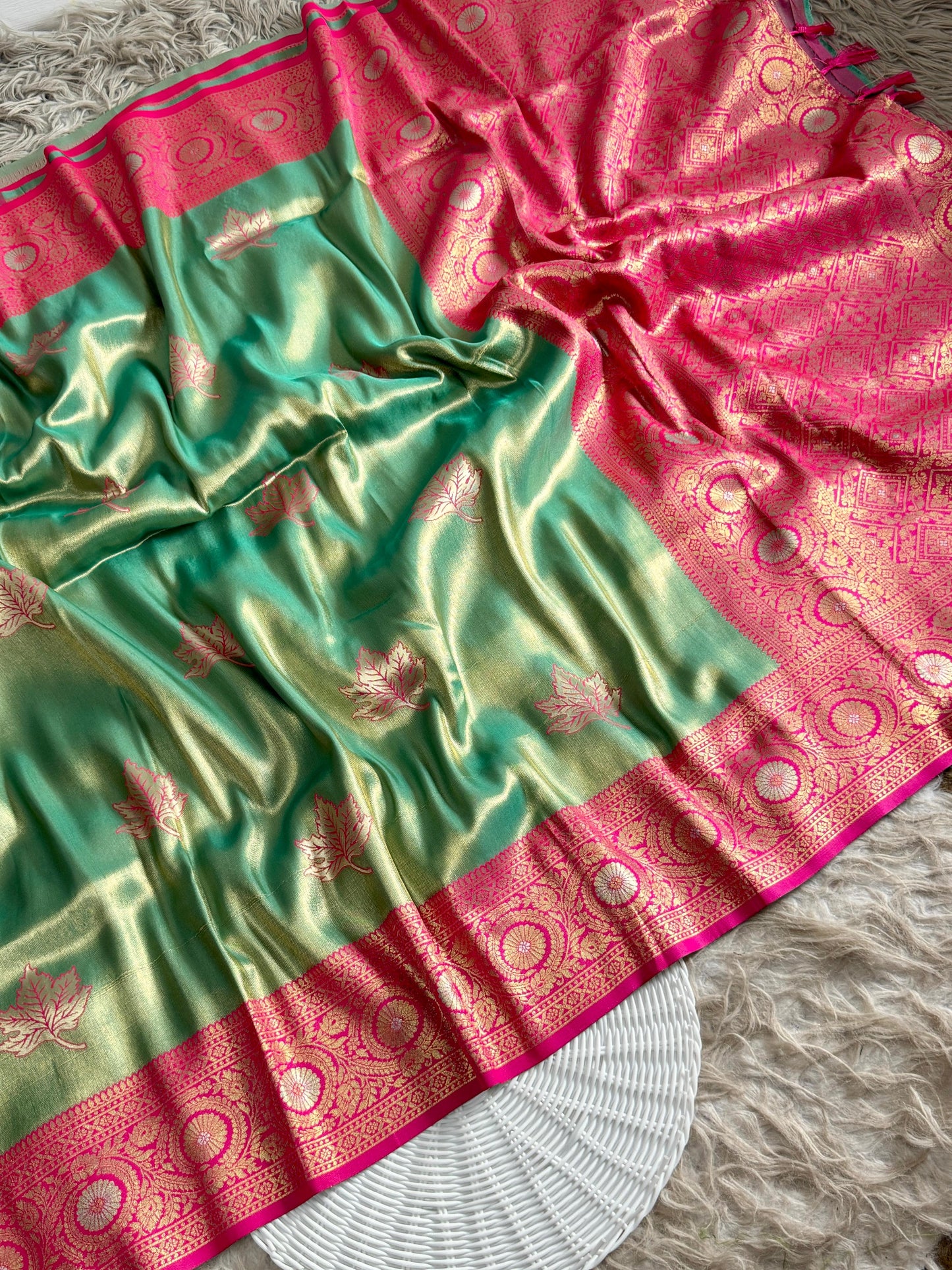 SA-5111 TISSUE SILK FABRIC SAREE WITH RICH JACQUARD ZARI WEAVING PALLU WITH  HEAVY CONTRAST ZARI WOVEN BORDER WITH LEGANT GOLD ZARI LEAF BUTTI WEAVING