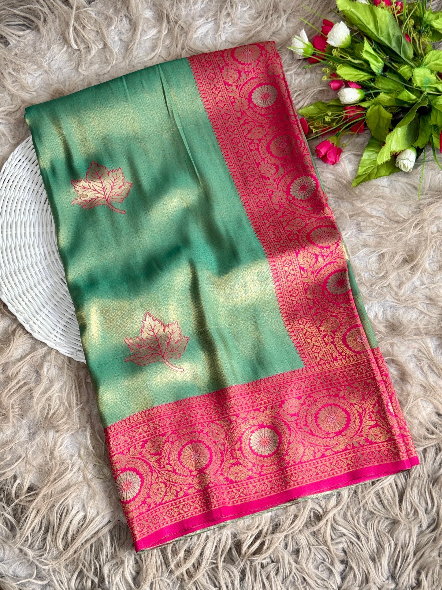 SA-5111 TISSUE SILK FABRIC SAREE WITH RICH JACQUARD ZARI WEAVING PALLU WITH  HEAVY CONTRAST ZARI WOVEN BORDER WITH LEGANT GOLD ZARI LEAF BUTTI WEAVING