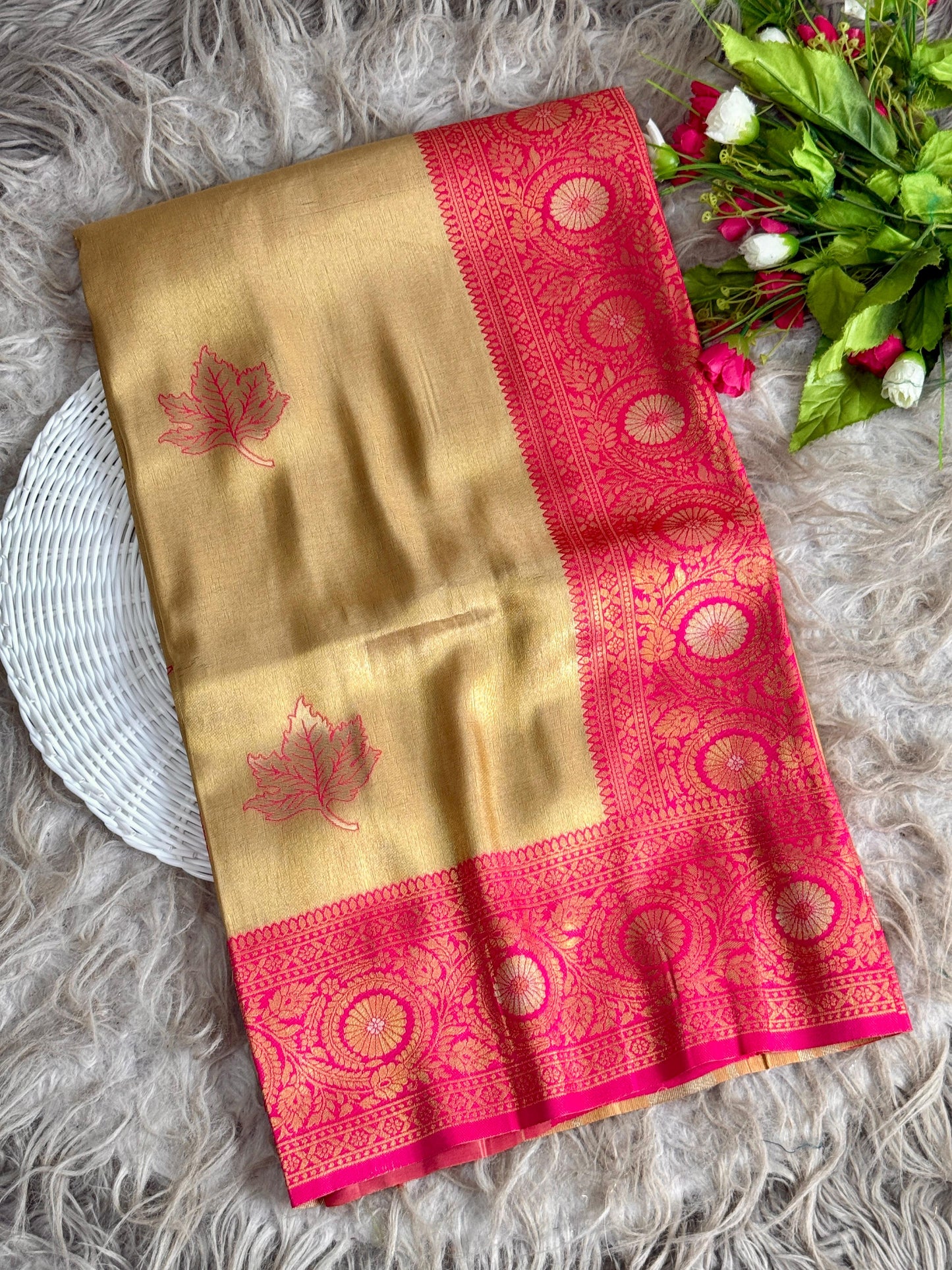 SA-5111 TISSUE SILK FABRIC SAREE WITH RICH JACQUARD ZARI WEAVING PALLU WITH  HEAVY CONTRAST ZARI WOVEN BORDER WITH LEGANT GOLD ZARI LEAF BUTTI WEAVING