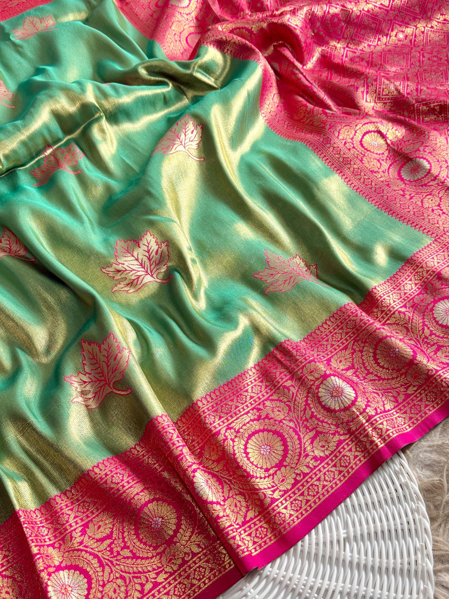 SA-5111 TISSUE SILK FABRIC SAREE WITH RICH JACQUARD ZARI WEAVING PALLU WITH  HEAVY CONTRAST ZARI WOVEN BORDER WITH LEGANT GOLD ZARI LEAF BUTTI WEAVING