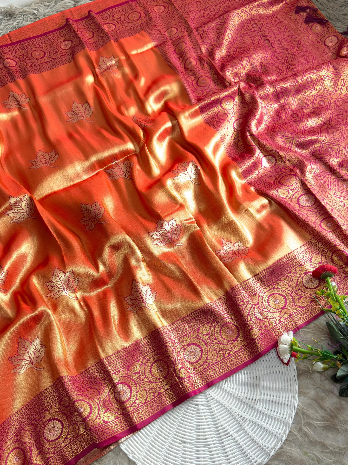 SA-5111 TISSUE SILK FABRIC SAREE WITH RICH JACQUARD ZARI WEAVING PALLU WITH  HEAVY CONTRAST ZARI WOVEN BORDER WITH LEGANT GOLD ZARI LEAF BUTTI WEAVING
