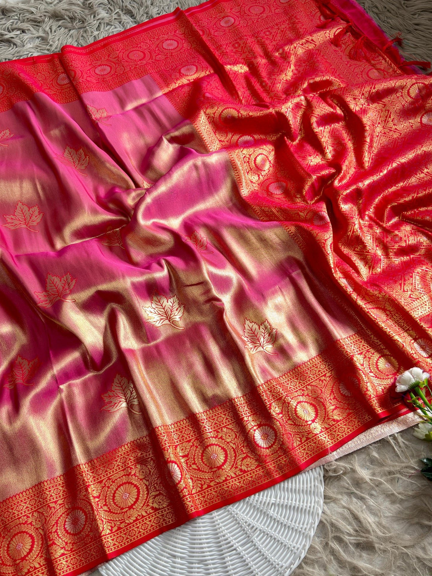 SA-5111 TISSUE SILK FABRIC SAREE WITH RICH JACQUARD ZARI WEAVING PALLU WITH  HEAVY CONTRAST ZARI WOVEN BORDER WITH LEGANT GOLD ZARI LEAF BUTTI WEAVING