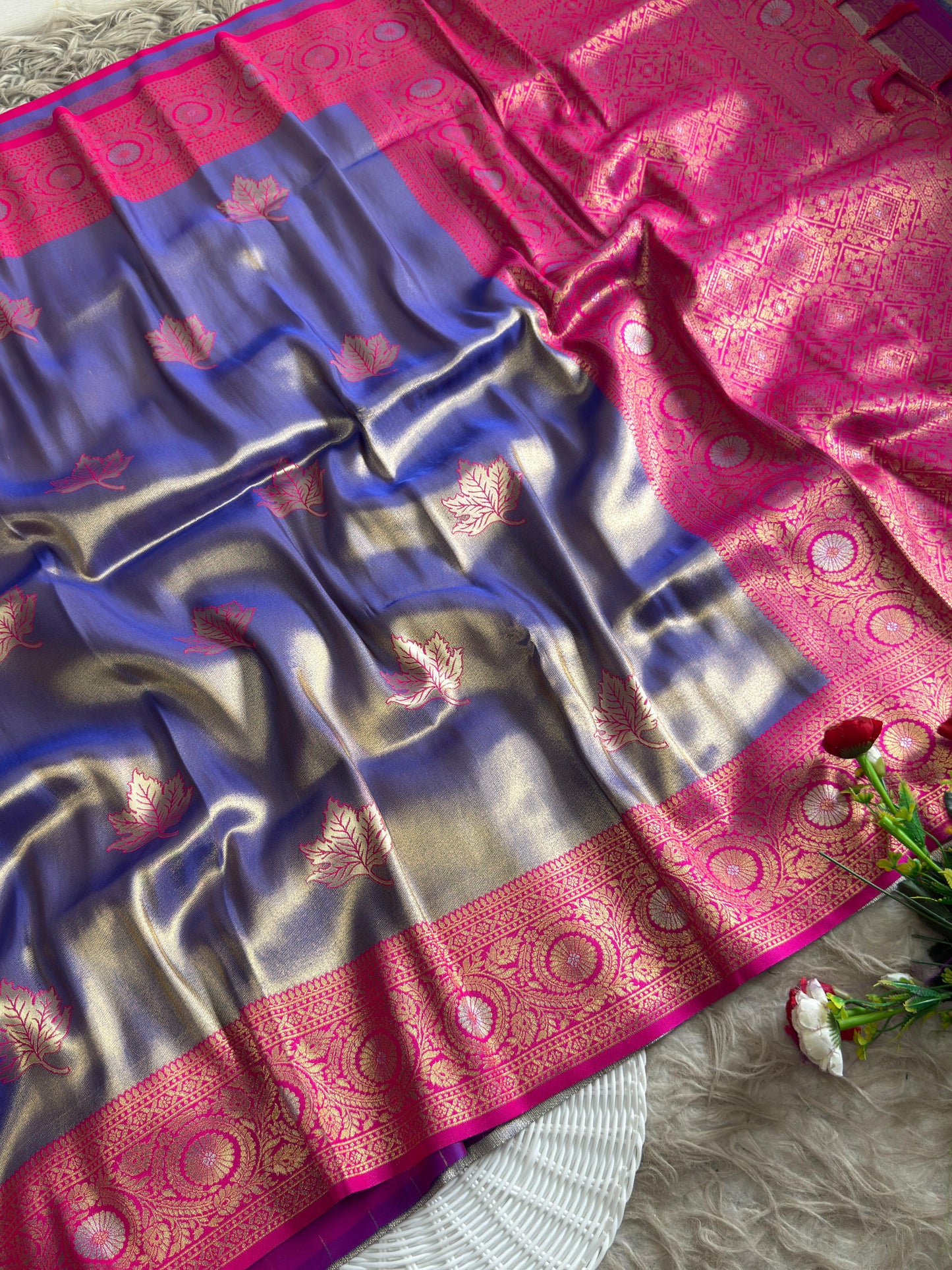 SA-5111 TISSUE SILK FABRIC SAREE WITH RICH JACQUARD ZARI WEAVING PALLU WITH  HEAVY CONTRAST ZARI WOVEN BORDER WITH LEGANT GOLD ZARI LEAF BUTTI WEAVING