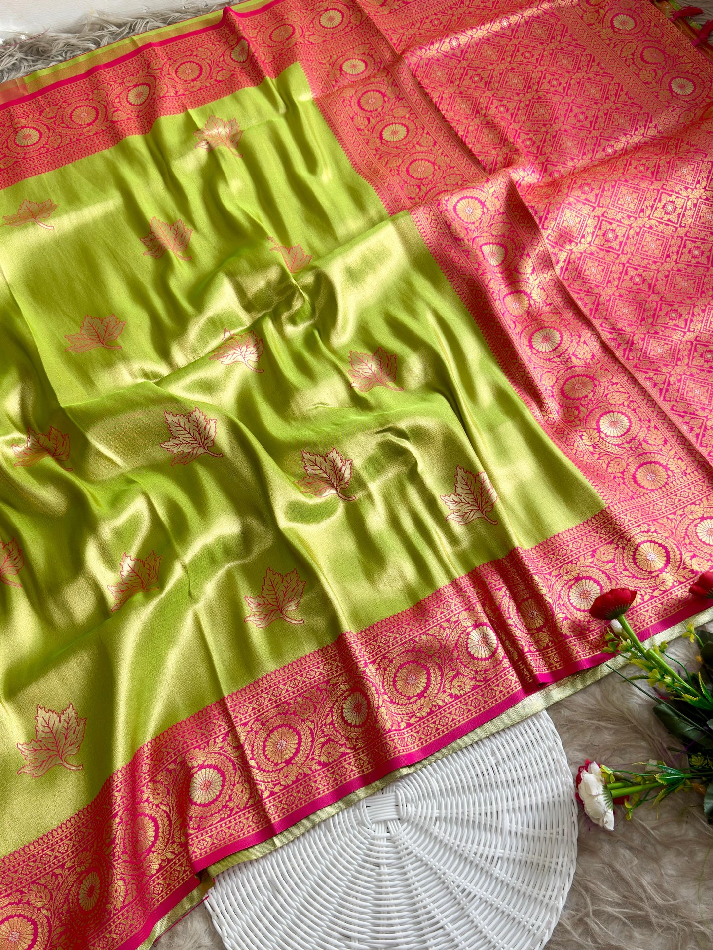 SA-5111 TISSUE SILK FABRIC SAREE WITH RICH JACQUARD ZARI WEAVING PALLU WITH  HEAVY CONTRAST ZARI WOVEN BORDER WITH LEGANT GOLD ZARI LEAF BUTTI WEAVING