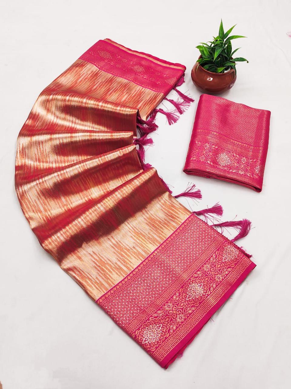 SA-5112 TISSUE SILK FABRIC SAREE WITH RICH JACQUARD ZARI WEAVING PALLU WITH TASSELS WITH RICH GOLD ZARI WEAVING AND EAVY ZARI WOVEN BORDER