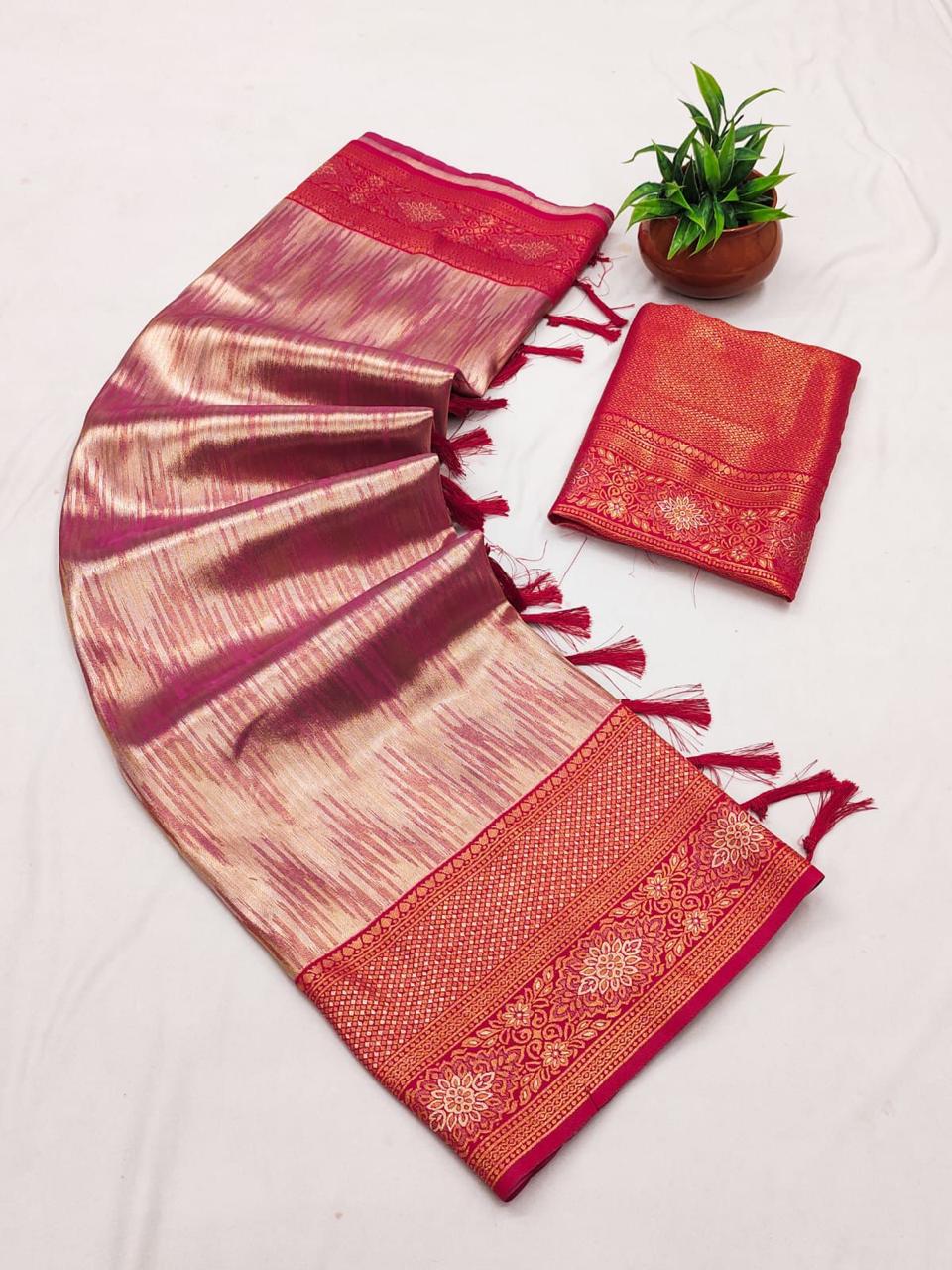 SA-5112 TISSUE SILK FABRIC SAREE WITH RICH JACQUARD ZARI WEAVING PALLU WITH TASSELS WITH RICH GOLD ZARI WEAVING AND EAVY ZARI WOVEN BORDER