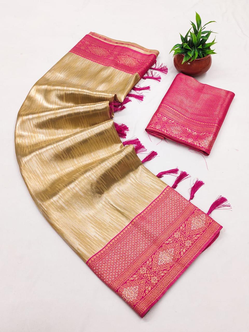SA-5112 TISSUE SILK FABRIC SAREE WITH RICH JACQUARD ZARI WEAVING PALLU WITH TASSELS WITH RICH GOLD ZARI WEAVING AND EAVY ZARI WOVEN BORDER