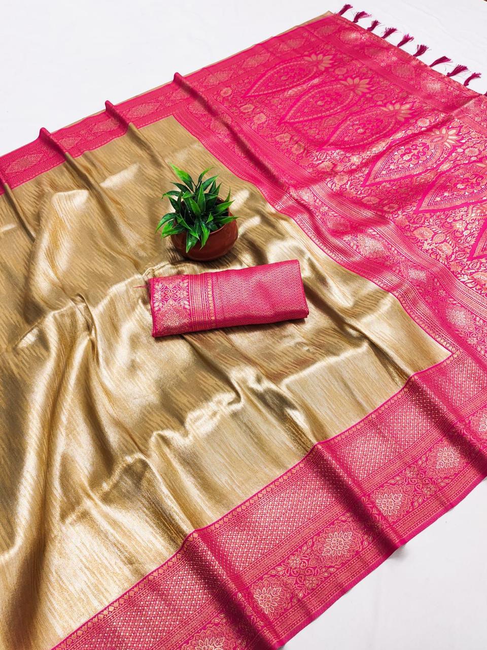 SA-5112 TISSUE SILK FABRIC SAREE WITH RICH JACQUARD ZARI WEAVING PALLU WITH TASSELS WITH RICH GOLD ZARI WEAVING AND EAVY ZARI WOVEN BORDER