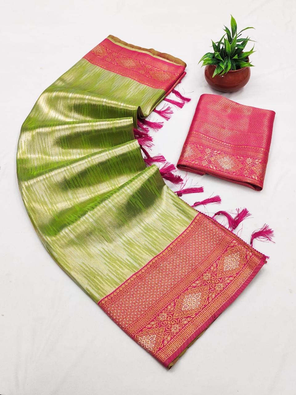 SA-5112 TISSUE SILK FABRIC SAREE WITH RICH JACQUARD ZARI WEAVING PALLU WITH TASSELS WITH RICH GOLD ZARI WEAVING AND EAVY ZARI WOVEN BORDER