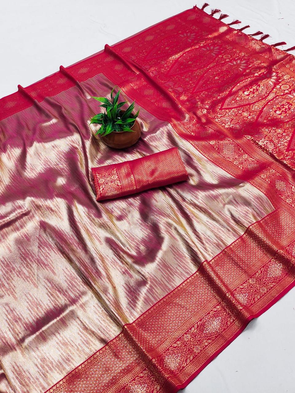 SA-5112 TISSUE SILK FABRIC SAREE WITH RICH JACQUARD ZARI WEAVING PALLU WITH TASSELS WITH RICH GOLD ZARI WEAVING AND EAVY ZARI WOVEN BORDER