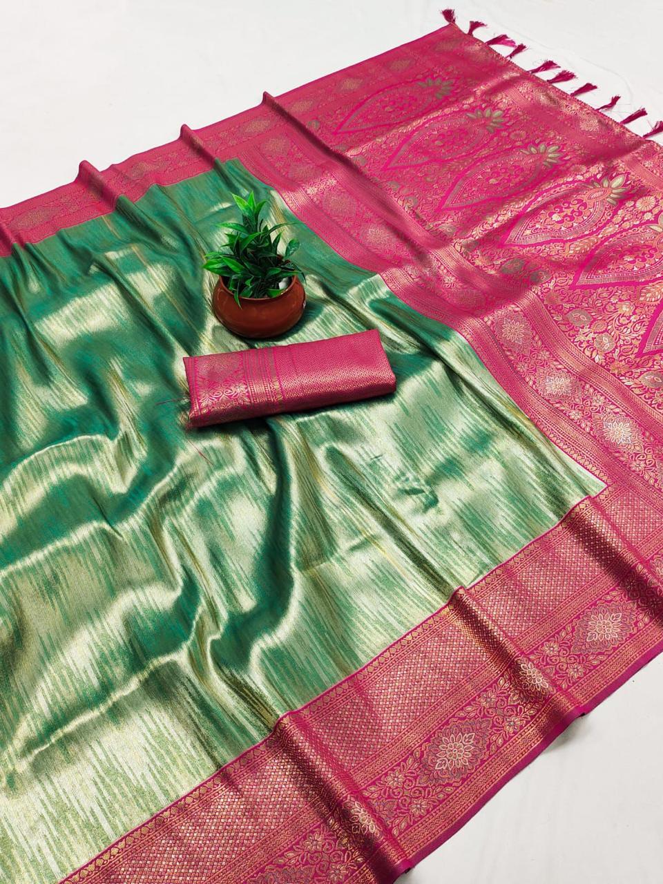 SA-5112 TISSUE SILK FABRIC SAREE WITH RICH JACQUARD ZARI WEAVING PALLU WITH TASSELS WITH RICH GOLD ZARI WEAVING AND EAVY ZARI WOVEN BORDER
