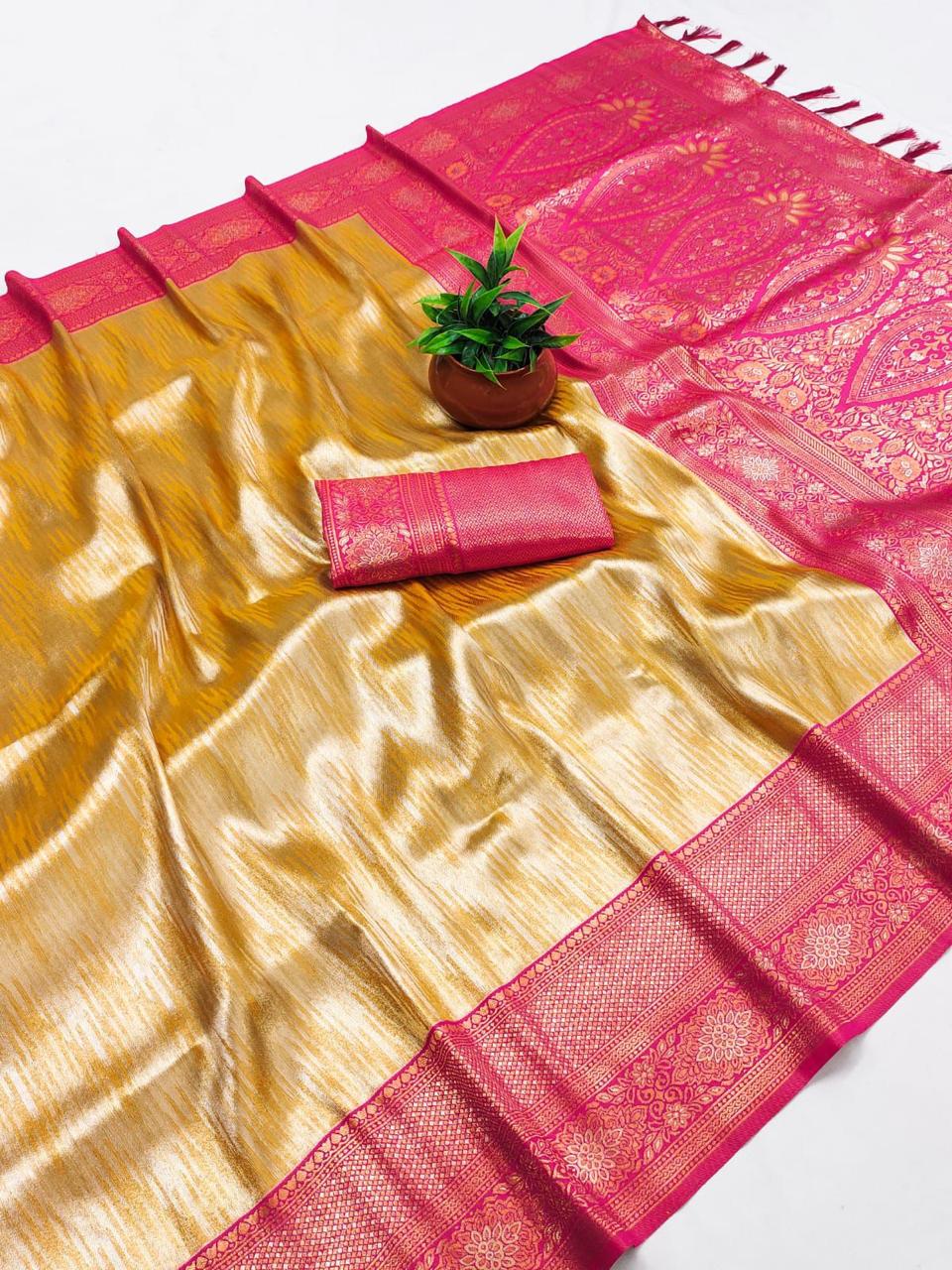 SA-5112 TISSUE SILK FABRIC SAREE WITH RICH JACQUARD ZARI WEAVING PALLU WITH TASSELS WITH RICH GOLD ZARI WEAVING AND EAVY ZARI WOVEN BORDER