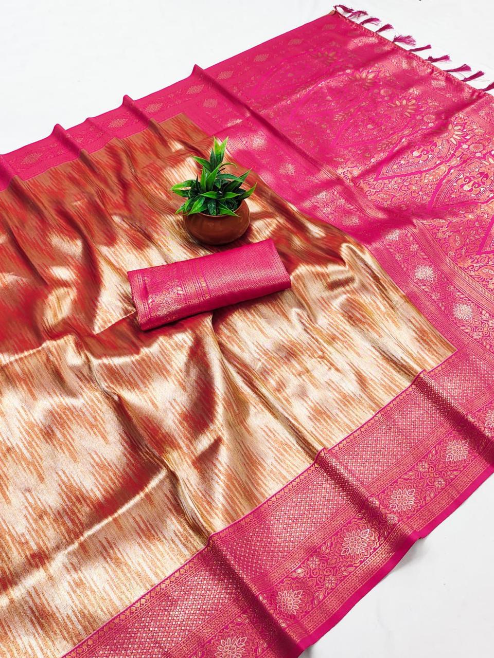 SA-5112 TISSUE SILK FABRIC SAREE WITH RICH JACQUARD ZARI WEAVING PALLU WITH TASSELS WITH RICH GOLD ZARI WEAVING AND EAVY ZARI WOVEN BORDER
