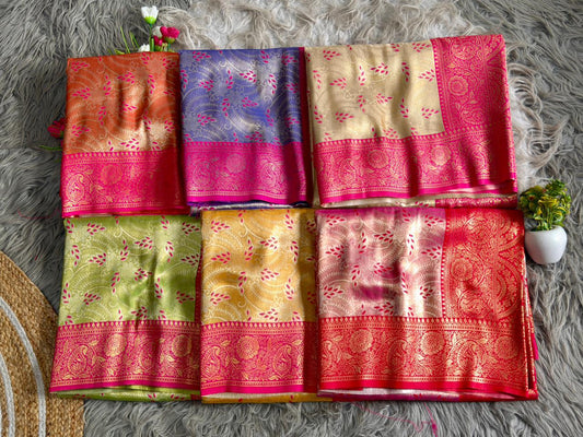 SA-5113 TISSUE SILK FABRIC SAREE WITH RICH FLORAL GOLD ZARI WEAVING AND RICH JACQUARD ZARI WEAVING PALLU WITH HEAVY CONTRAST ZARI WOVEN BORDER