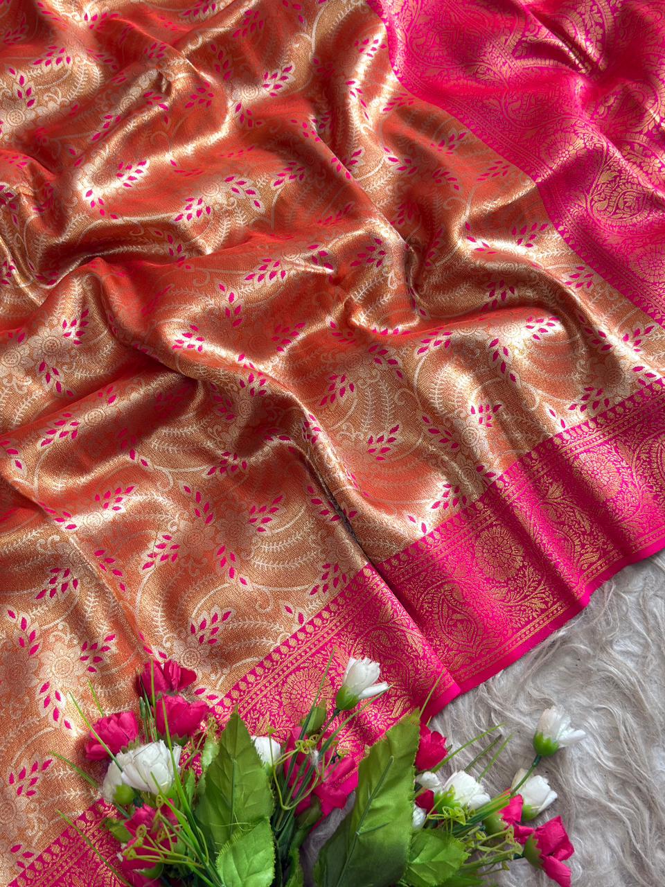 SA-5113 TISSUE SILK FABRIC SAREE WITH RICH FLORAL GOLD ZARI WEAVING AND RICH JACQUARD ZARI WEAVING PALLU WITH HEAVY CONTRAST ZARI WOVEN BORDER