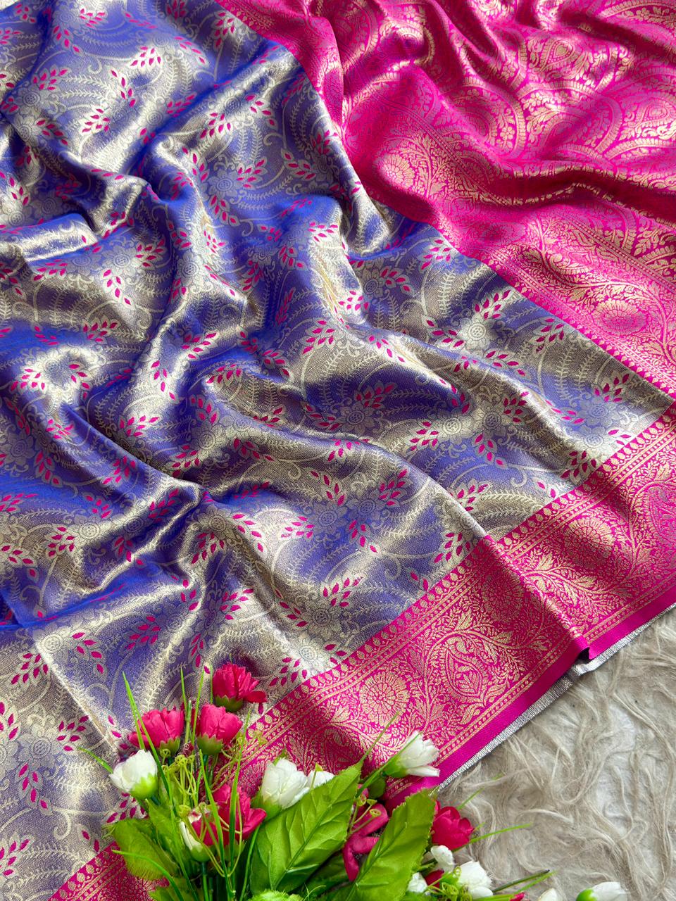 SA-5113 TISSUE SILK FABRIC SAREE WITH RICH FLORAL GOLD ZARI WEAVING AND RICH JACQUARD ZARI WEAVING PALLU WITH HEAVY CONTRAST ZARI WOVEN BORDER
