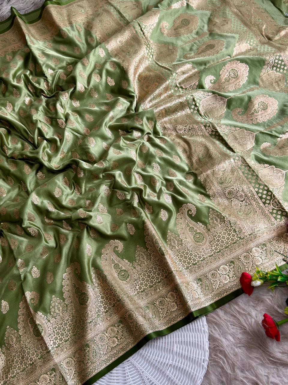 SA-5115 SATIN SILK FABRIC SAREE WITH RICH JACQUARD ZARI WEAVING PALLU AND HEAVY TRADITIONAL ZARI WOVEN BORDER.WITH NLOUSE