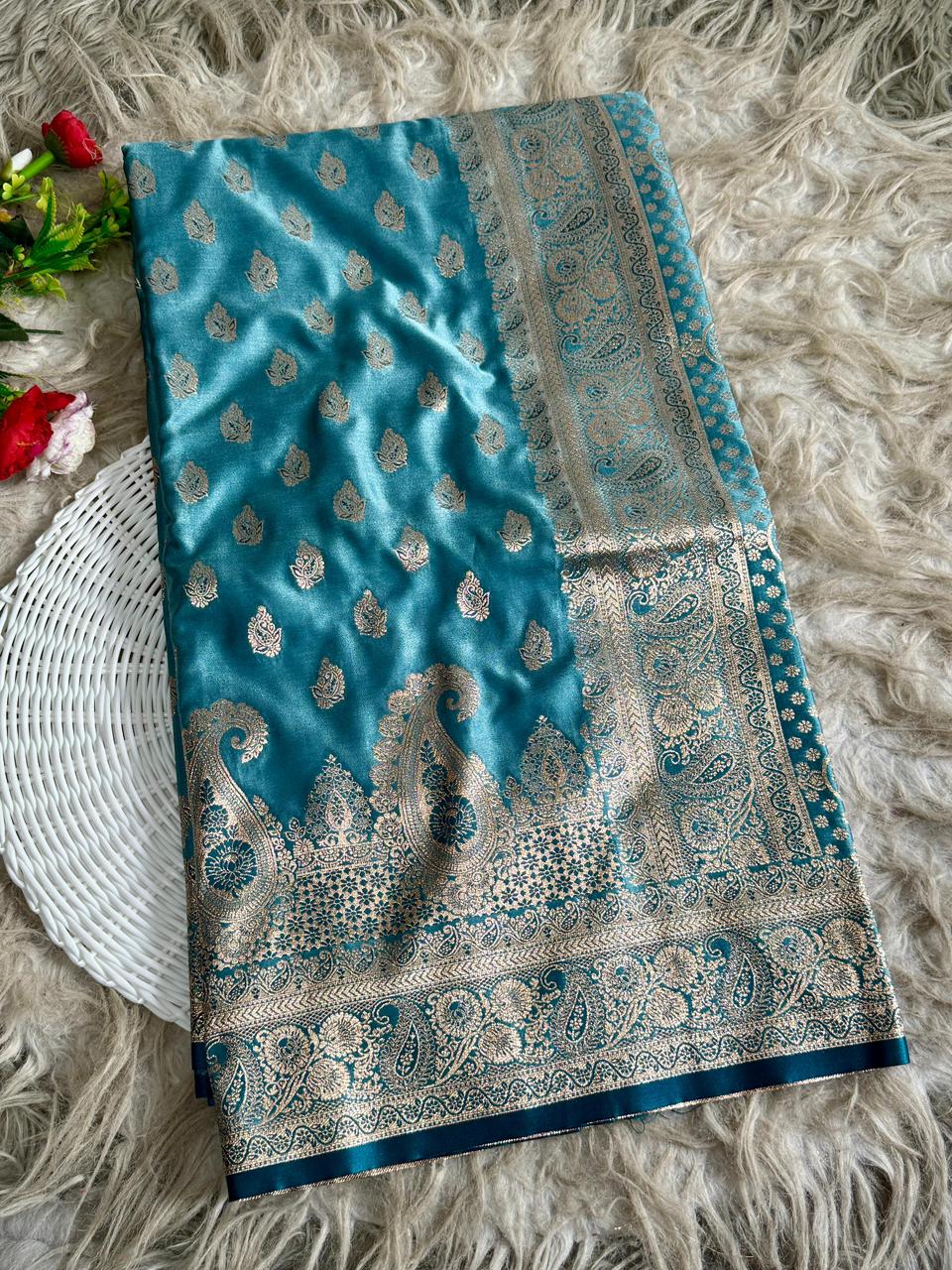 SA-5115 SATIN SILK FABRIC SAREE WITH RICH JACQUARD ZARI WEAVING PALLU AND HEAVY TRADITIONAL ZARI WOVEN BORDER.WITH NLOUSE