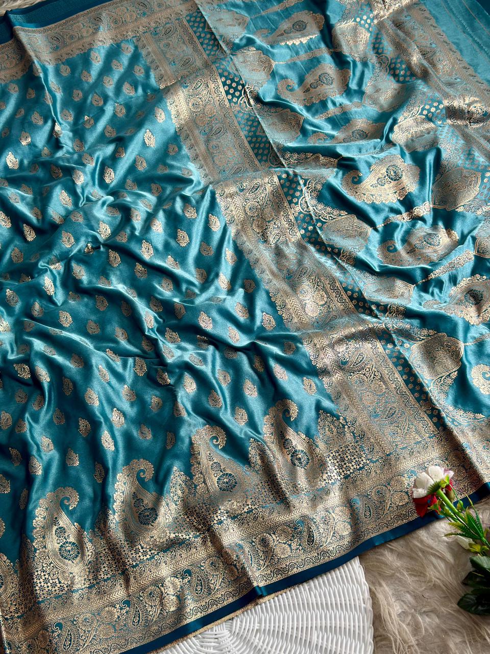 SA-5115 SATIN SILK FABRIC SAREE WITH RICH JACQUARD ZARI WEAVING PALLU AND HEAVY TRADITIONAL ZARI WOVEN BORDER.WITH NLOUSE