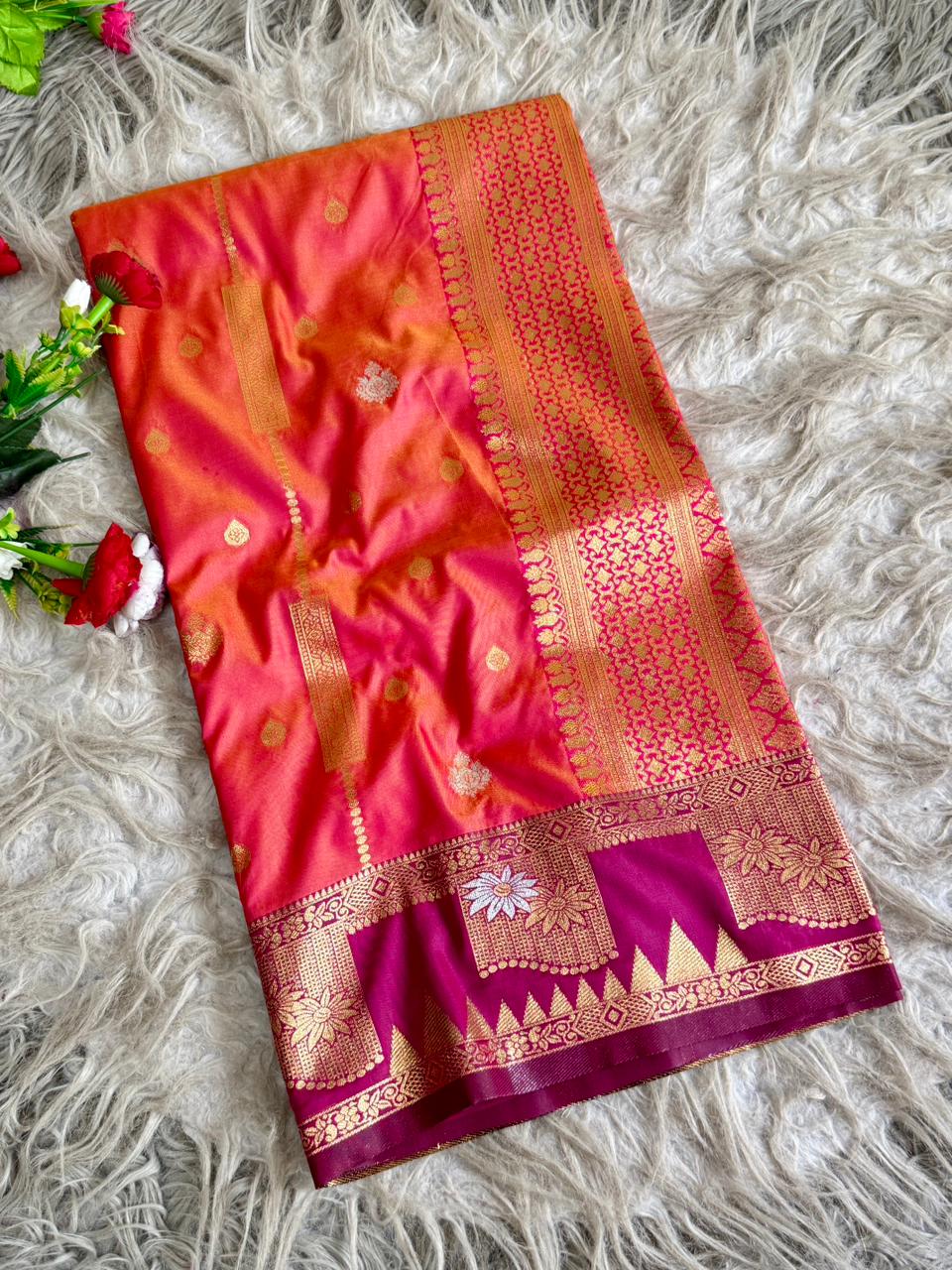 SA-5117 SOFT SILK FABRIC SAREE WITH CONTRAST ROYAL BLUE HEAVY DESIGNER ZARI BORDER WITH RICH ALL-OVER GOLD ZARI WOVEN PALLU WITH ELEGANT ZARI STRIPES WITH BUTTI WORK WITH BLOUSE