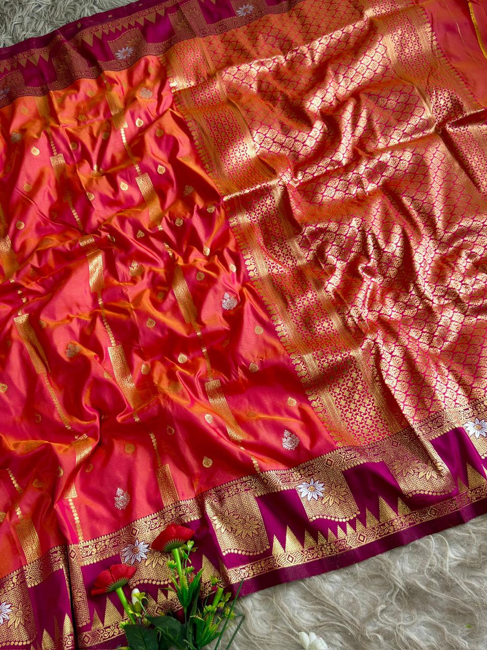 SA-5117 SOFT SILK FABRIC SAREE WITH CONTRAST ROYAL BLUE HEAVY DESIGNER ZARI BORDER WITH RICH ALL-OVER GOLD ZARI WOVEN PALLU WITH ELEGANT ZARI STRIPES WITH BUTTI WORK WITH BLOUSE
