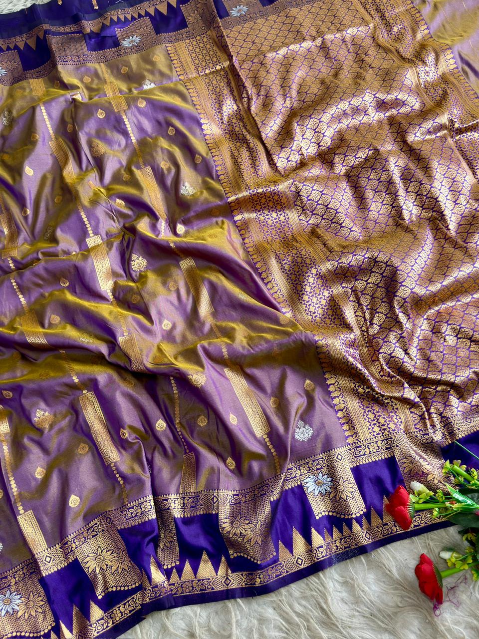 SA-5117 SOFT SILK FABRIC SAREE WITH CONTRAST ROYAL BLUE HEAVY DESIGNER ZARI BORDER WITH RICH ALL-OVER GOLD ZARI WOVEN PALLU WITH ELEGANT ZARI STRIPES WITH BUTTI WORK WITH BLOUSE