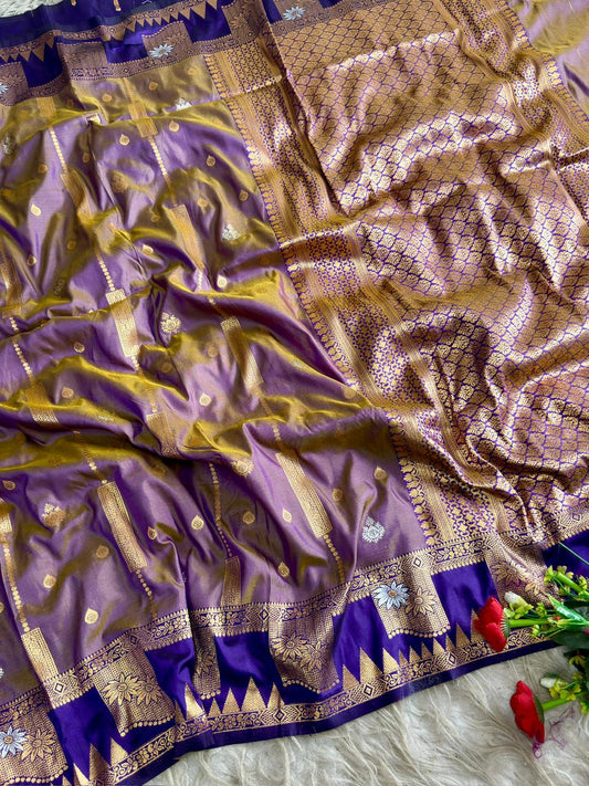 SA-5117 SOFT SILK FABRIC SAREE WITH CONTRAST ROYAL BLUE HEAVY DESIGNER ZARI BORDER WITH RICH ALL-OVER GOLD ZARI WOVEN PALLU WITH ELEGANT ZARI STRIPES WITH BUTTI WORK WITH BLOUSE
