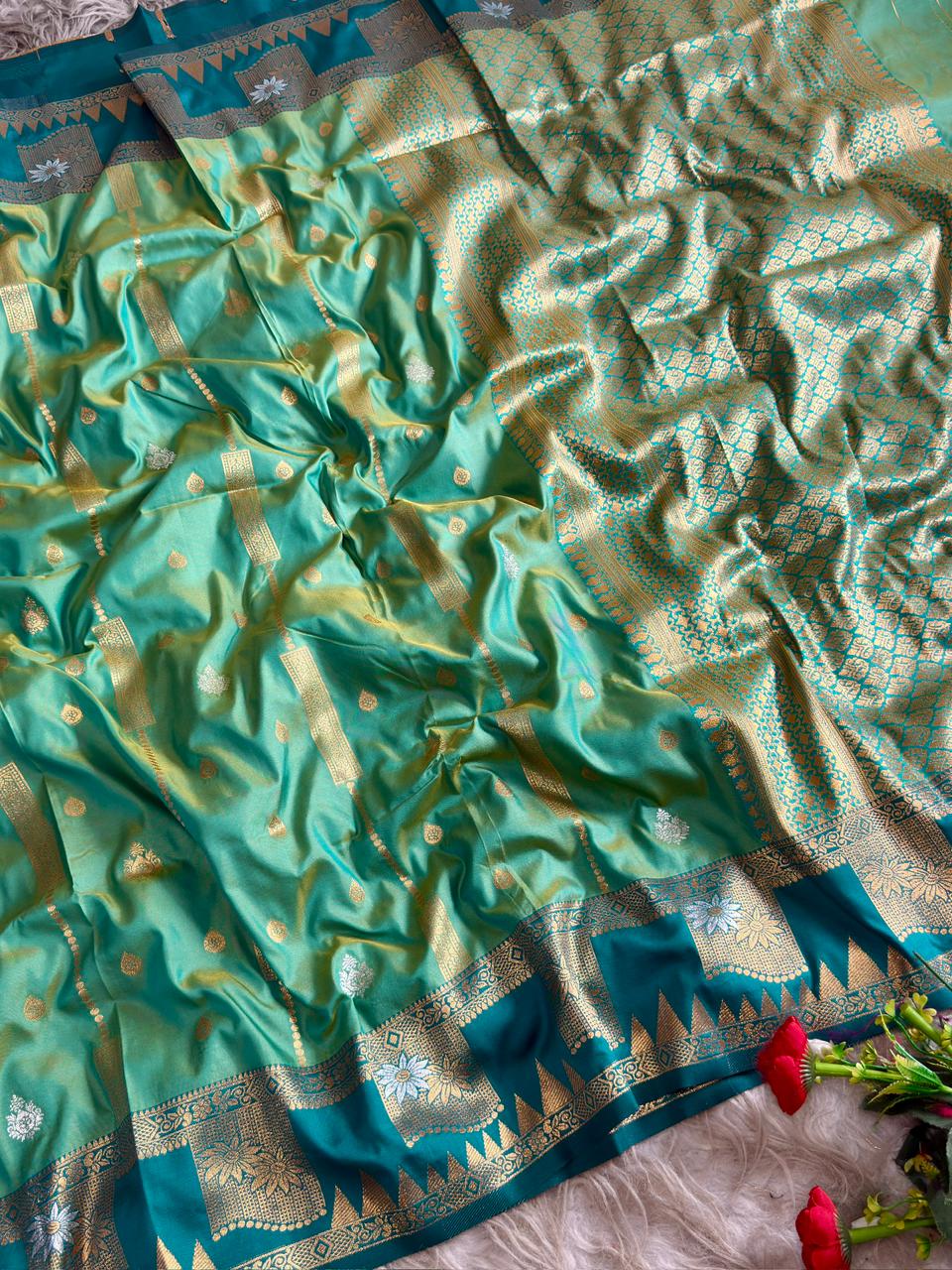 SA-5117 SOFT SILK FABRIC SAREE WITH CONTRAST ROYAL BLUE HEAVY DESIGNER ZARI BORDER WITH RICH ALL-OVER GOLD ZARI WOVEN PALLU WITH ELEGANT ZARI STRIPES WITH BUTTI WORK WITH BLOUSE