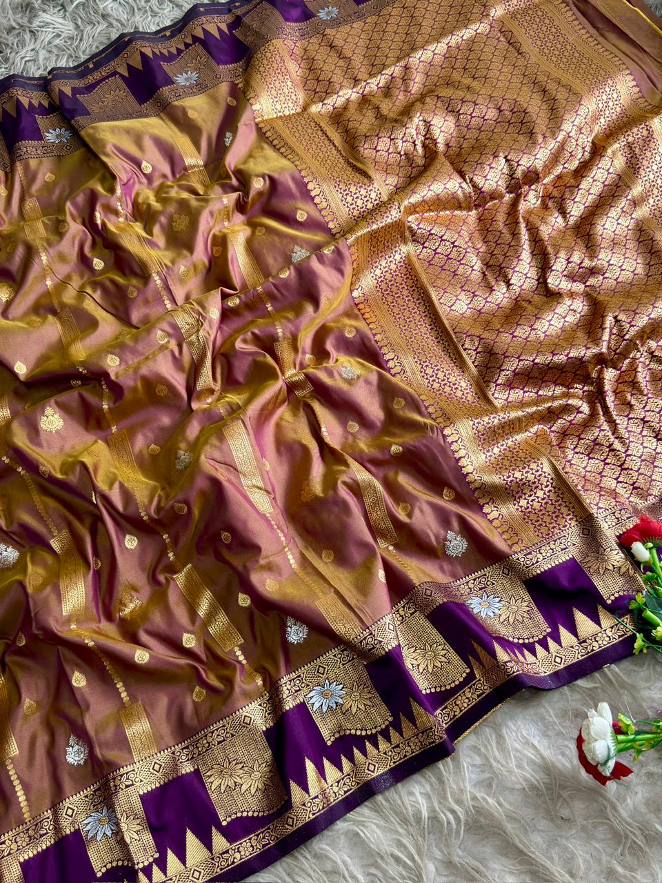 SA-5117 SOFT SILK FABRIC SAREE WITH CONTRAST ROYAL BLUE HEAVY DESIGNER ZARI BORDER WITH RICH ALL-OVER GOLD ZARI WOVEN PALLU WITH ELEGANT ZARI STRIPES WITH BUTTI WORK WITH BLOUSE